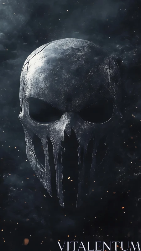 Weathered metallic skull emblem in cinematic digital painting.