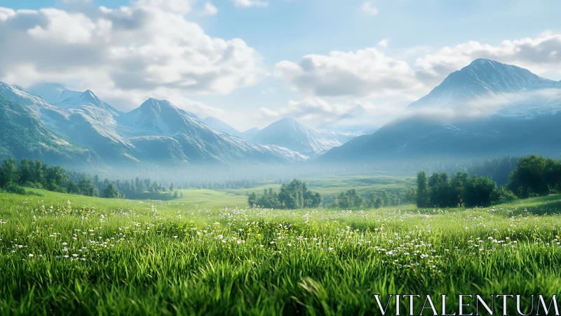 Mountain valley landscape with grass meadow and clouds.