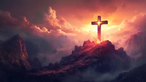 Blazing summit cross crowned by stormlit crimson heavens.
