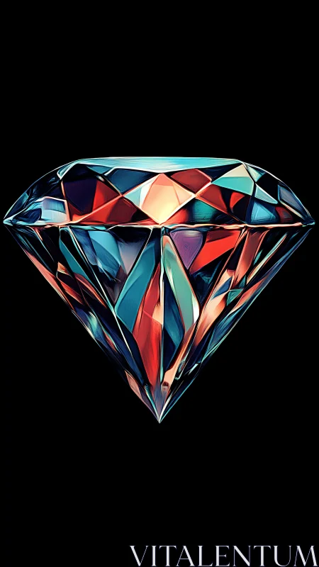 Prismatic diamond renders neon reflections on deep black