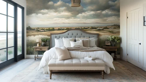 Serene coastal bedroom retreat with soft light and calm views.