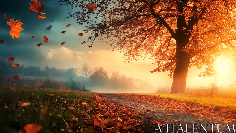 Autumn sunrise tree over misty path with drifting leaves.