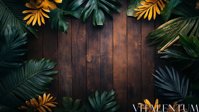 Tropical leaves frame rich wooden planks with empty center