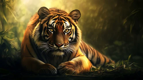 Photorealistic tiger portrait in cinematic jungle lighting.