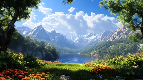 Mountain lake landscape under bright midday light.