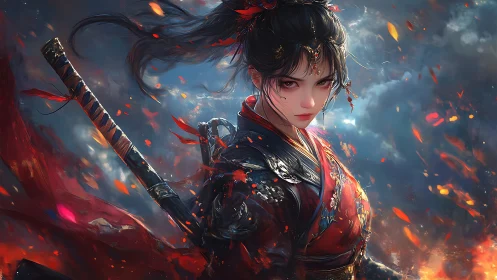 Samurai warrior in crimson armor amid burning storm
