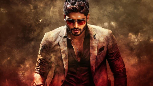 Man in brown suit and sunglasses against smoky backdrop.