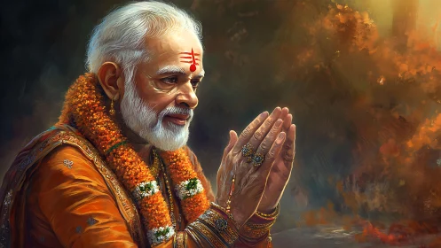 Elderly man in devotional pose with folded hands in light.