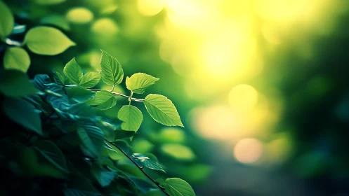 Fresh green leaves in morning sunlight, dreamy nature photography.