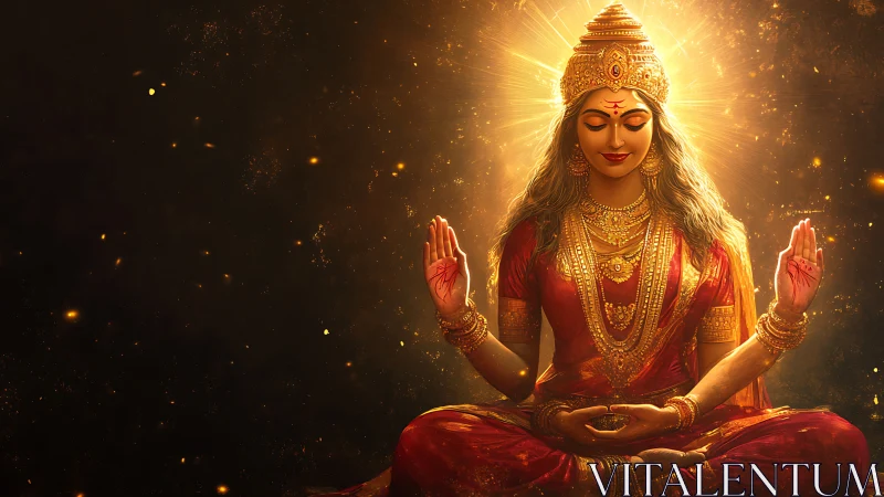 Radiant meditative goddess in golden aura on dark field.