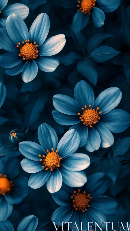 Blue Daisies with Orange Centers Against Dark Background.