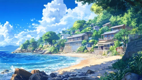 Coastal village houses line a sandy beach under dense clouds