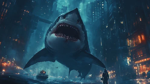 Colossal cyberpunk shark storms flooded neon city streets.