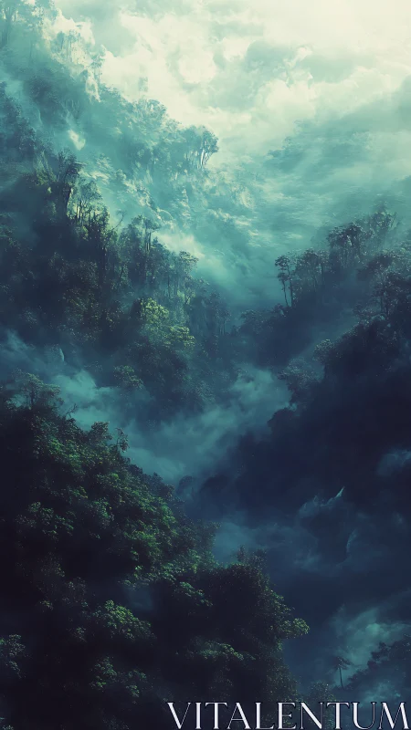 Misty Mountain Valley Shrouded in Ethereal Turquoise Mist.
