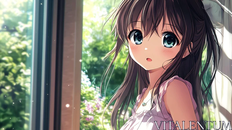 Sunlit balcony moment with wide-eyed anime girl portrait.