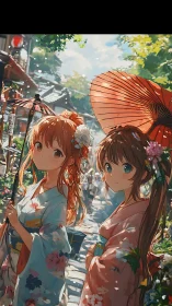 Two girls in summer yukata walk sunlit traditional street