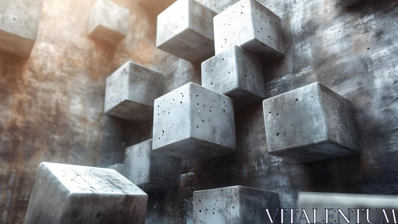 Floating concrete blocks in a softly glowing urban canyon.