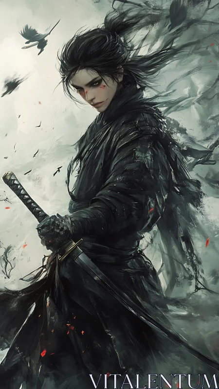 Dark ronin warrior in storm of crows and ash.