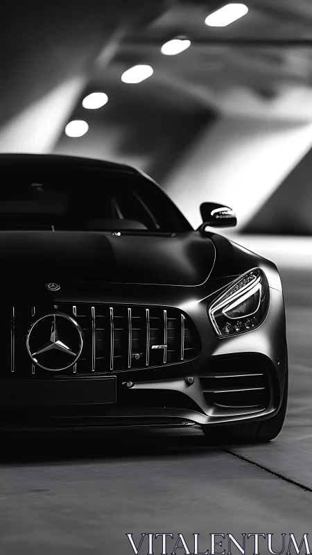 Low-key monochrome study of Mercedes front fascia in tunnel