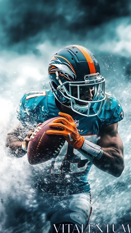 Storm-slicing quarterback streaks through turquoise gridiron surf