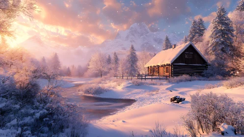 Snow cabin glows under pastel sunrise in silent valley.