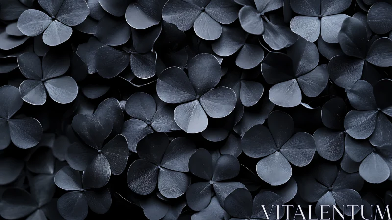 Monochrome close-up shows layered matte black clover leaves