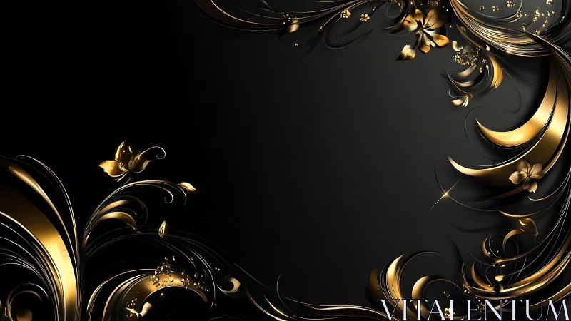 Gold floral scrollwork frames deep black luxury background