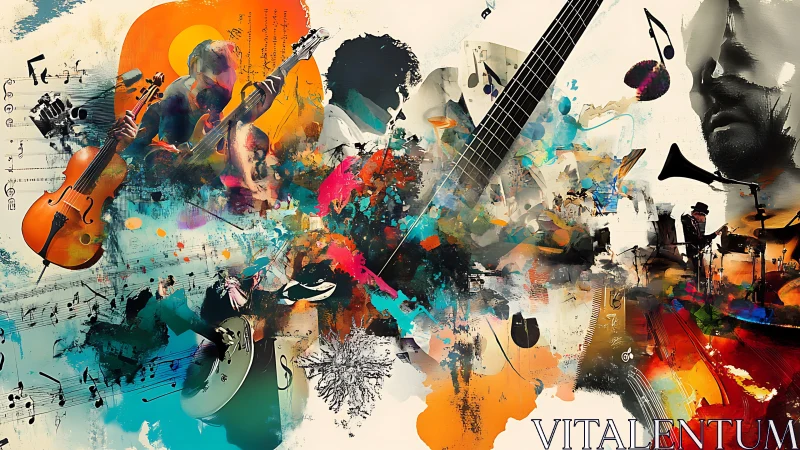Synesthetic jazz collage with fragmented instrumental vectors.