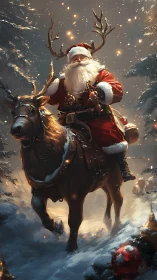 Snowlit Santa rides a regal reindeer through embered night