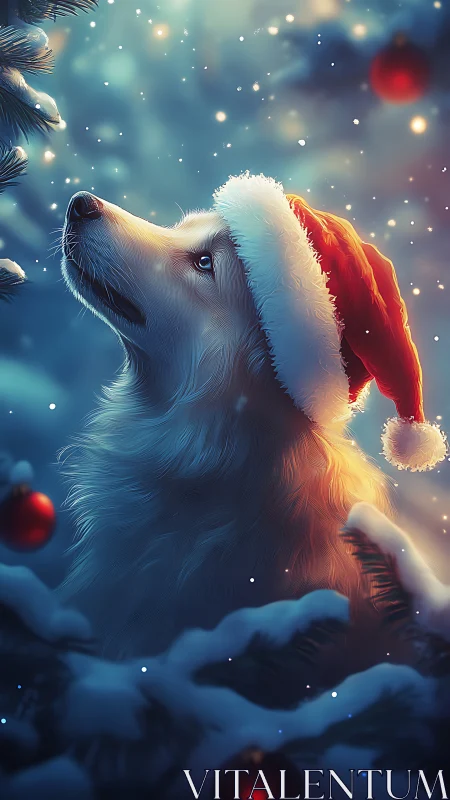 Snowlit shepherd in a Santa hat, guarding winter wishes.