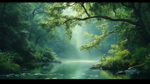 Misty River Through Ancient Forest Canopy.