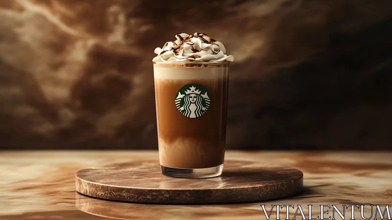 Starbucks iced coffee beverage on marble pedestal, bokeh backdrop