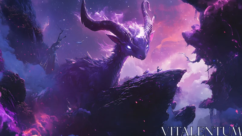 Colossal horned dragon over crystalline cliffs in nebula sky