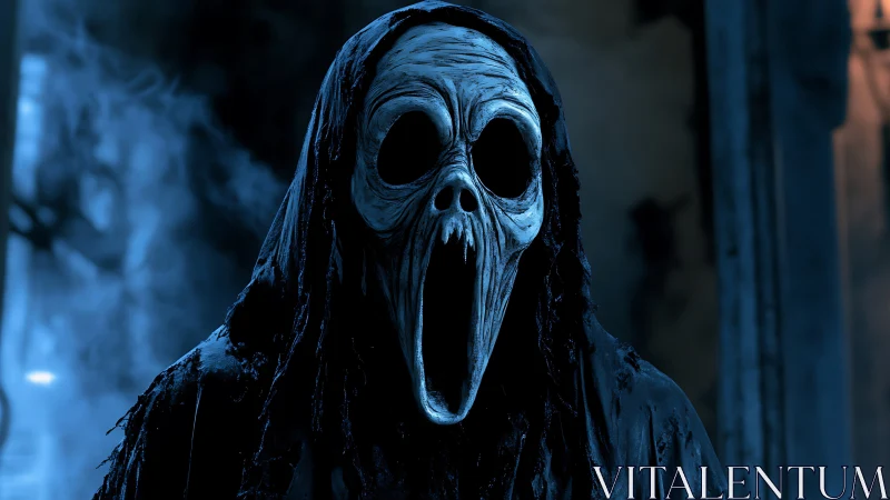 Hooded skeletal wraith in cold monochrome cinematic light.