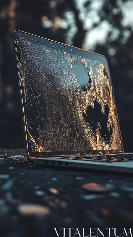 Shattered laptop screen reflects outdoor light in closeup view
