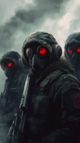 Postapocalyptic soldiers with gas masks and red goggles.
