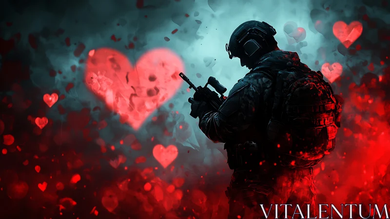 Armed soldier surrounded by glowing red hearts.