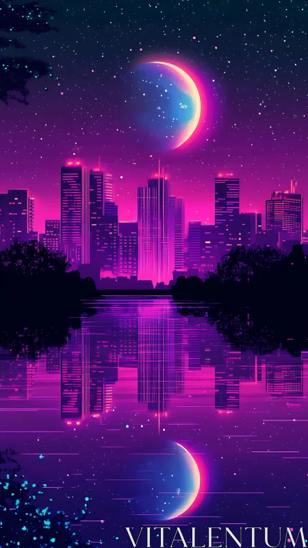 Neon skyline and crescent moon reflected in symmetrical vaporwave lagoon