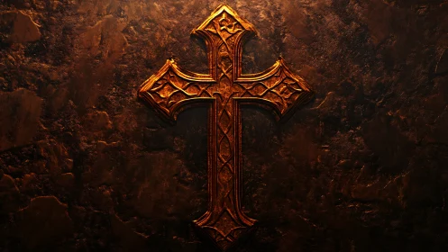 Golden ornate cross glows gently against a textured wall