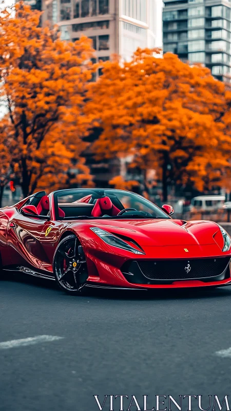 Red supercar convertible dominates autumn urban streetscape