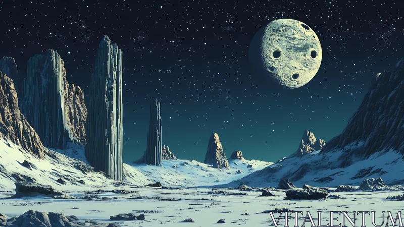 Frozen alien valley beneath a cratered sentinel moon.