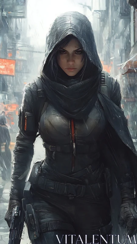 Armored hooded operative advances through rain-soaked city corridor