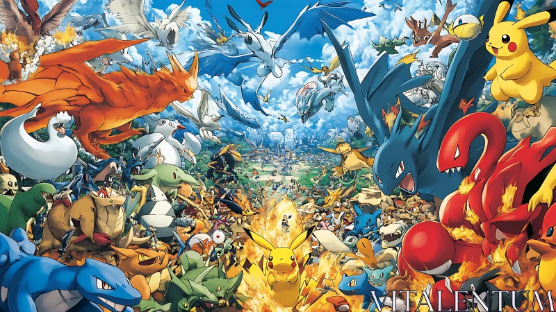 Panoramic anime battle of diverse elemental fantasy creatures