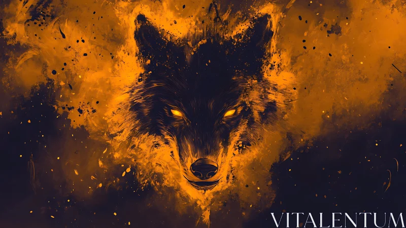 Fiery wolf portrait emerging from dark abstract smoke.