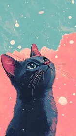 Dark Feline Portrait with Luminous Eyes in Dreamlike Turquoise and Coral Gradient Atmosphere