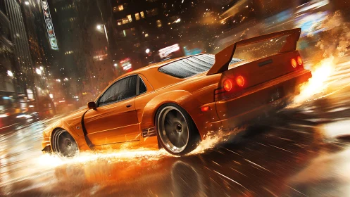 Flame-tailed street racer carving neon rainfire streets.