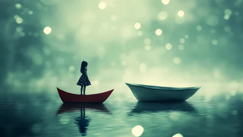 Quiet girl on a tiny red boat in dreamy green light.