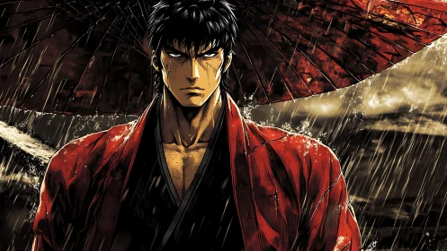 Samurai warrior stands in storm, crimson robe blazing bright.