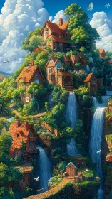 Cascade village climbs the cliffs in sunlit storybook splendor.