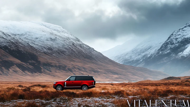 Crimson SUV threading solitude through storm-kissed highlands.
